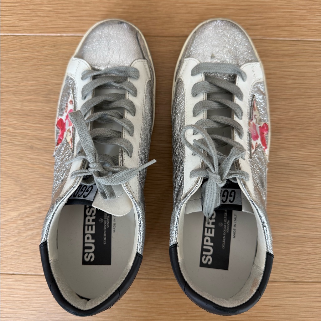 Golden Goose- Silver And White Distressed Sneakers